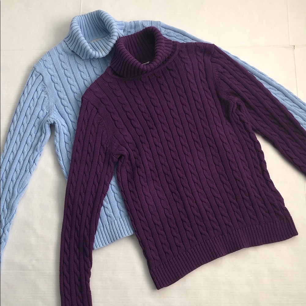 L.L. Bean Two Cotton Cable Knit Turtleneck Sweaters Purple and Blue Medium